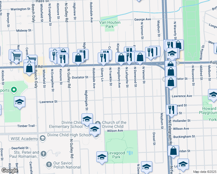 map of restaurants, bars, coffee shops, grocery stores, and more near 1772 Silvery Lane in Dearborn