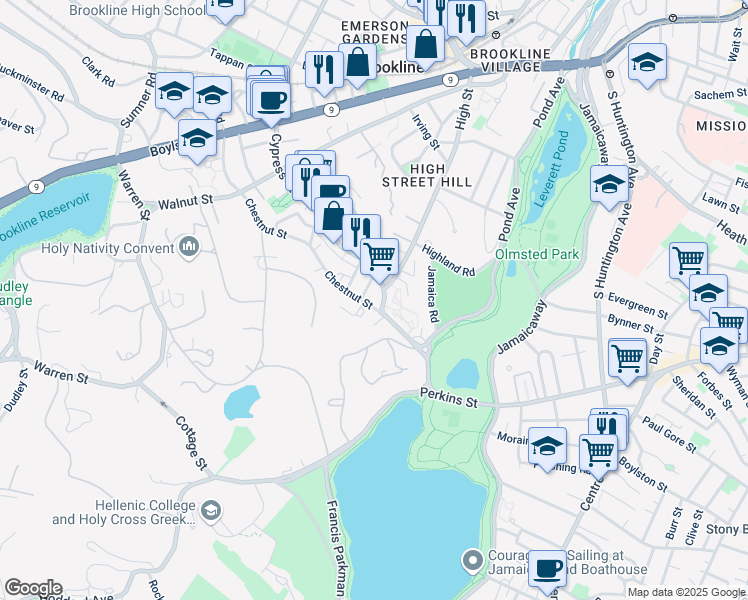 map of restaurants, bars, coffee shops, grocery stores, and more near 166 Chestnut Street in Brookline