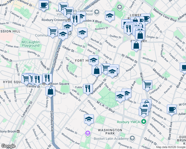 map of restaurants, bars, coffee shops, grocery stores, and more near 91 Thornton Street in Boston