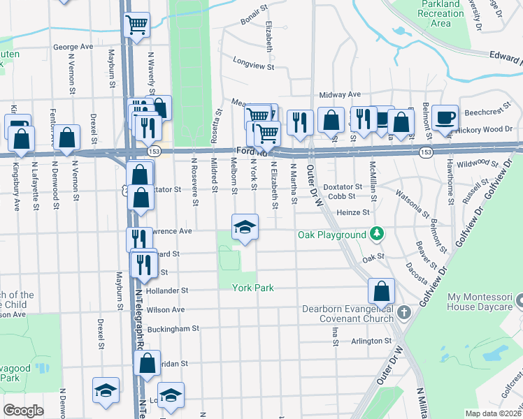 map of restaurants, bars, coffee shops, grocery stores, and more near 1735 North York Street in Dearborn