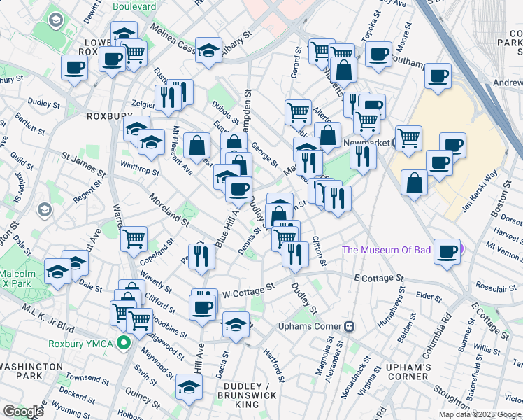 map of restaurants, bars, coffee shops, grocery stores, and more near 434 Dudley Street in Boston
