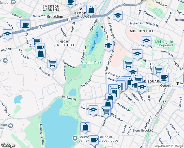 map of restaurants, bars, coffee shops, grocery stores, and more near Jamaicaway & Bynner Street in Boston