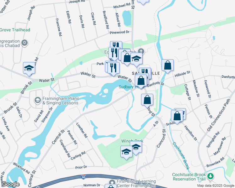 map of restaurants, bars, coffee shops, grocery stores, and more near 24 Centennial Place in Framingham