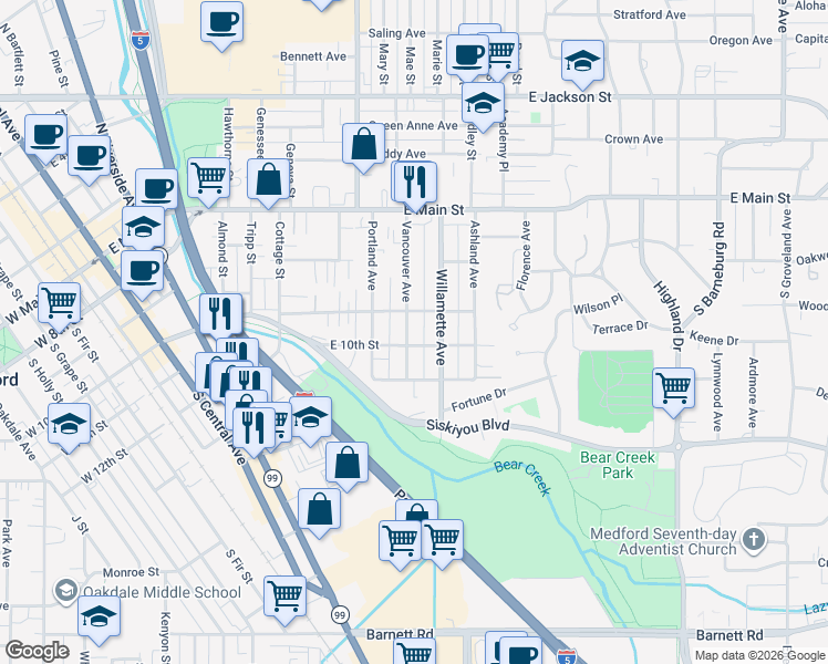 map of restaurants, bars, coffee shops, grocery stores, and more near 224 Vancouver Avenue in Medford
