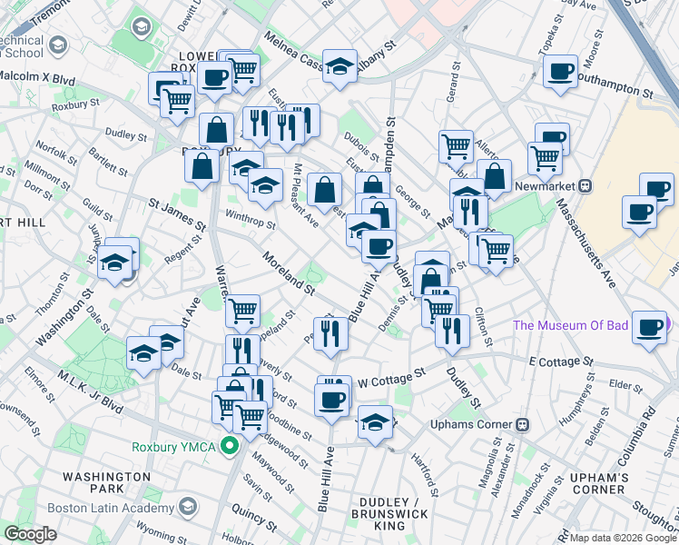 map of restaurants, bars, coffee shops, grocery stores, and more near 103 Winthrop Street in Boston