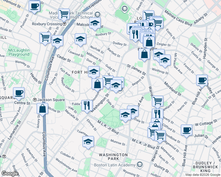 map of restaurants, bars, coffee shops, grocery stores, and more near 2679 Washington Street in Boston
