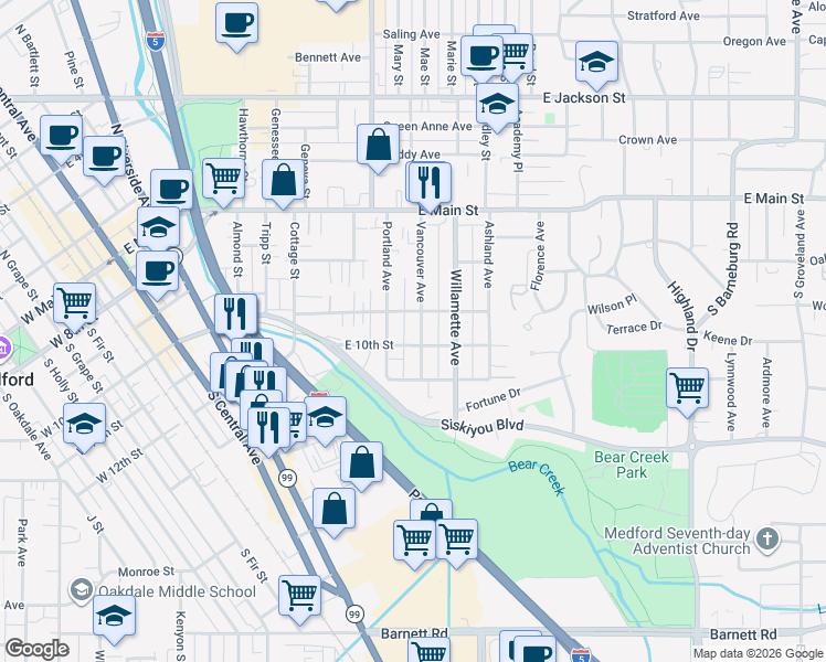 map of restaurants, bars, coffee shops, grocery stores, and more near 224 Vancouver Avenue in Medford