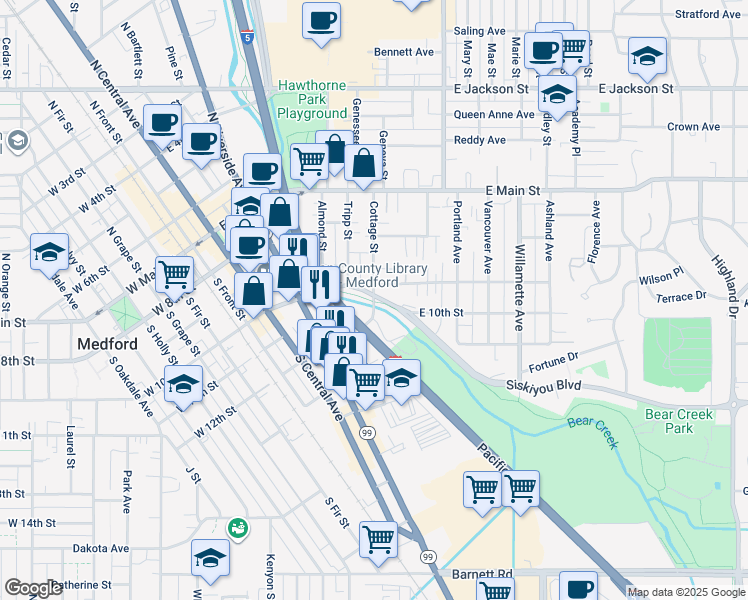 map of restaurants, bars, coffee shops, grocery stores, and more near 501 Spencer Street in Medford