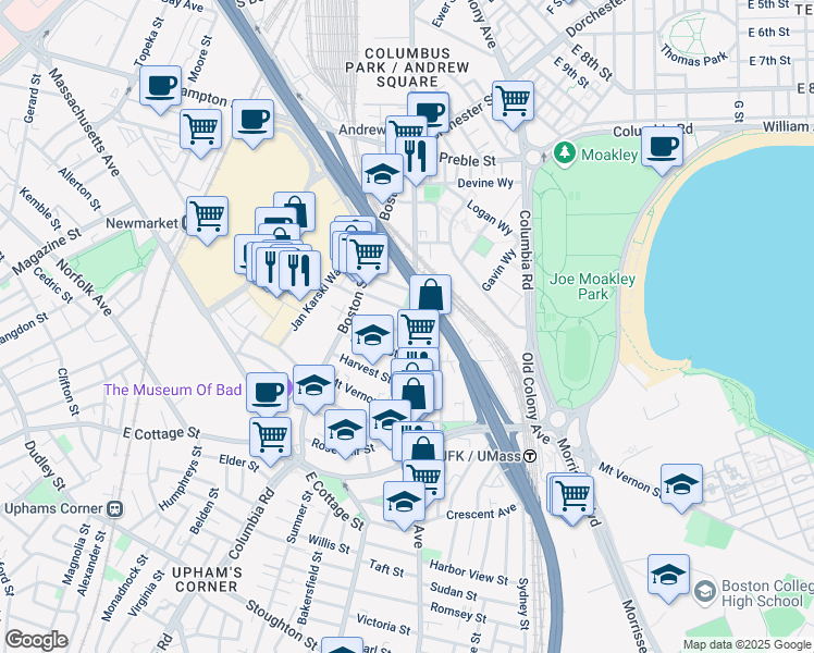 map of restaurants, bars, coffee shops, grocery stores, and more near 782 Dorchester Avenue in Boston