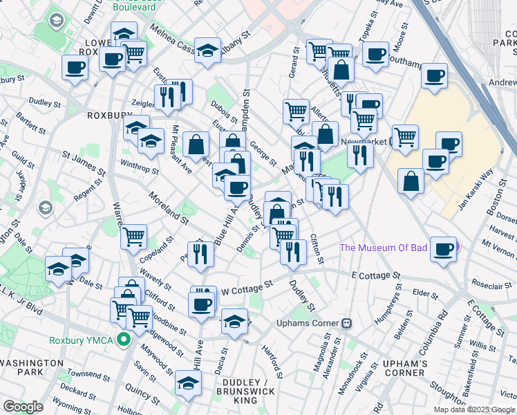 map of restaurants, bars, coffee shops, grocery stores, and more near 451 Dudley Street in Boston