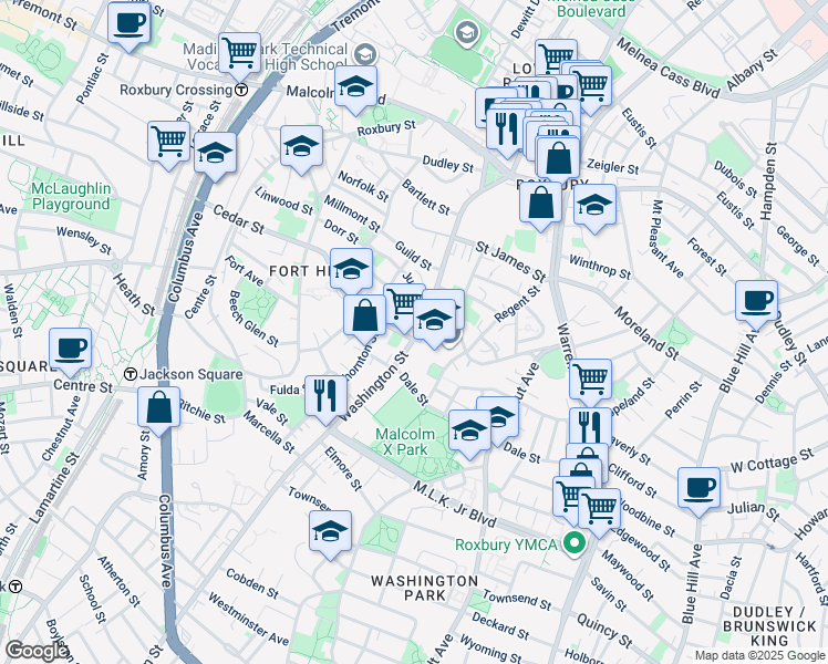 map of restaurants, bars, coffee shops, grocery stores, and more near 2679 Washington Street in Boston