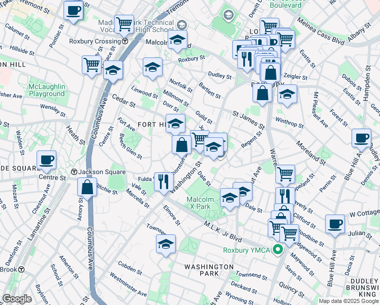 map of restaurants, bars, coffee shops, grocery stores, and more near 2679 Washington Street in Boston