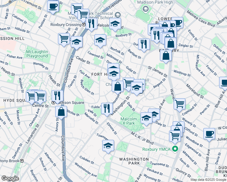 map of restaurants, bars, coffee shops, grocery stores, and more near 91 Thornton Street in Boston