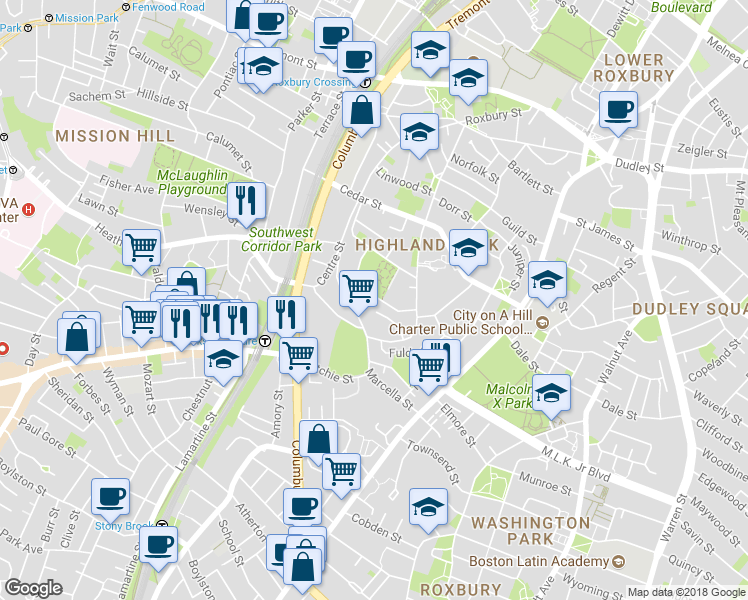 map of restaurants, bars, coffee shops, grocery stores, and more near 91 Marcella Street in Boston