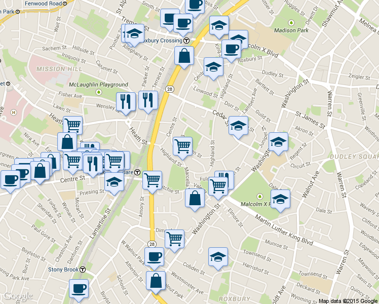 map of restaurants, bars, coffee shops, grocery stores, and more near 91 Marcella Street in Boston