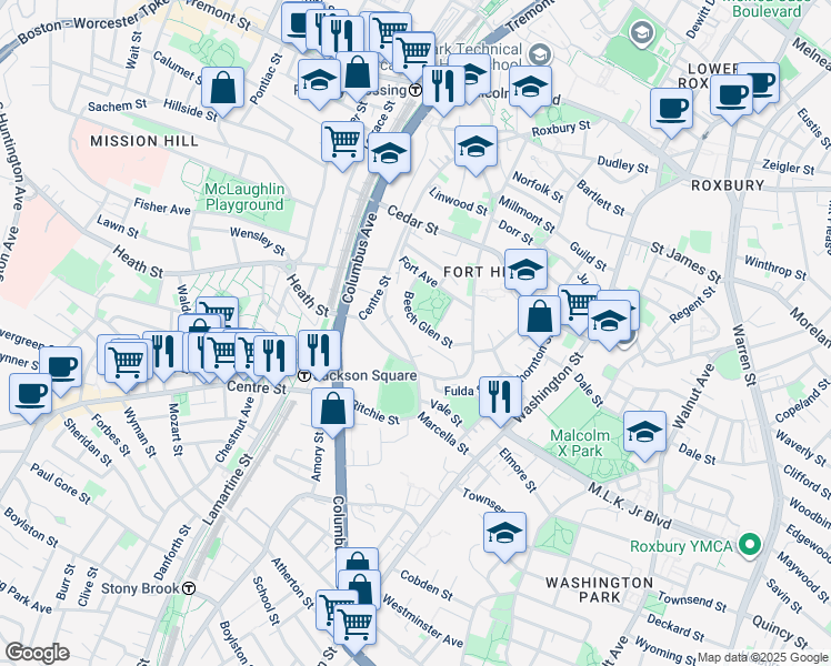 map of restaurants, bars, coffee shops, grocery stores, and more near 91 Marcella Street in Boston