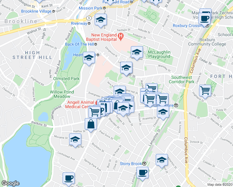 map of restaurants, bars, coffee shops, grocery stores, and more near 47A Creighton Street in Boston