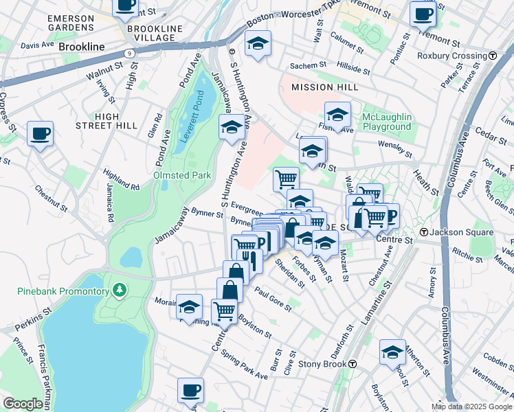 map of restaurants, bars, coffee shops, grocery stores, and more near 28 Evergreen Street in Boston