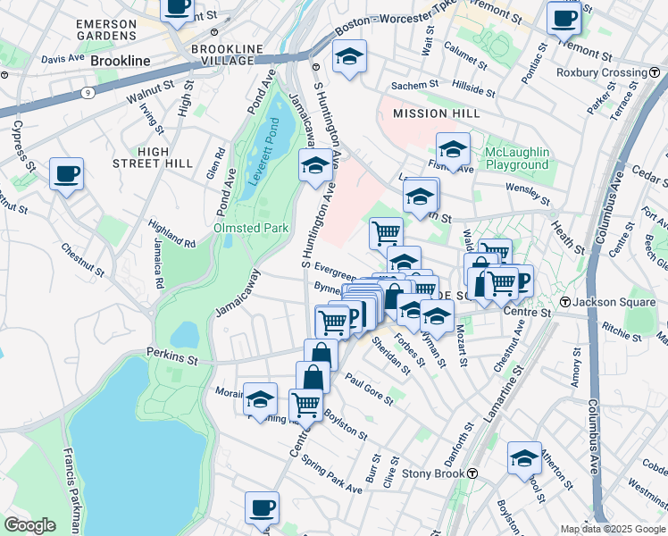 map of restaurants, bars, coffee shops, grocery stores, and more near 28 Evergreen Street in Boston