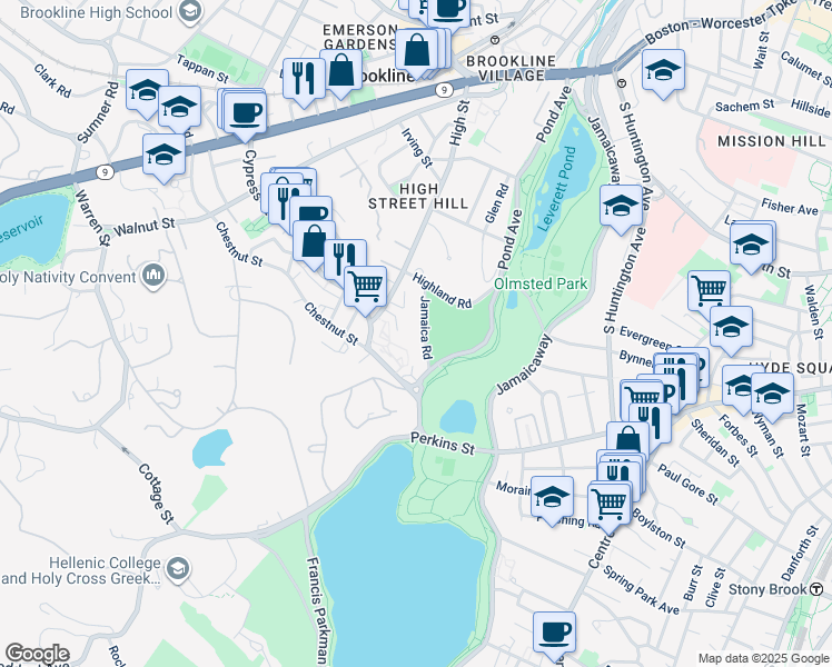 map of restaurants, bars, coffee shops, grocery stores, and more near 22 Jamaica Road in Brookline