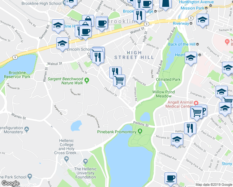 map of restaurants, bars, coffee shops, grocery stores, and more near 149 Chestnut Street in Brookline