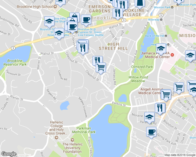 map of restaurants, bars, coffee shops, grocery stores, and more near 149 Chestnut Street in Brookline