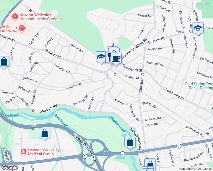 map of restaurants, bars, coffee shops, grocery stores, and more near 26 Annawan Road in Newton
