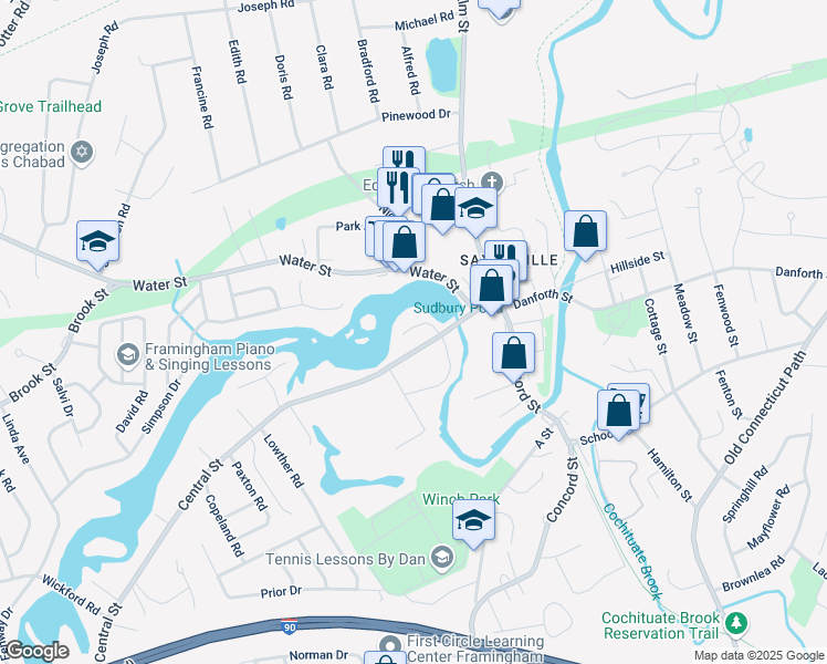 map of restaurants, bars, coffee shops, grocery stores, and more near 65 Central Street in Framingham