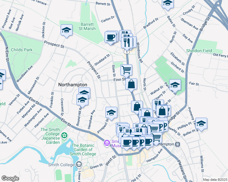 map of restaurants, bars, coffee shops, grocery stores, and more near 1 Aldrich Street in Northampton