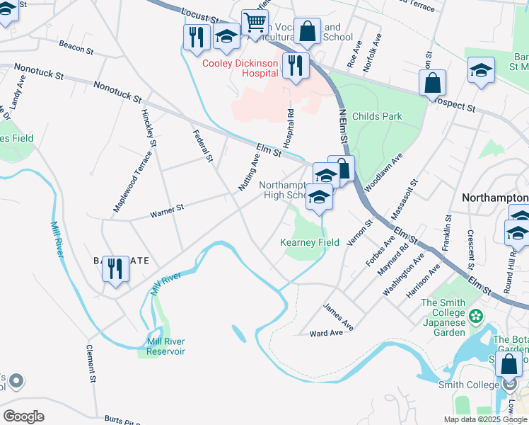 map of restaurants, bars, coffee shops, grocery stores, and more near 143 Federal Street in Northampton