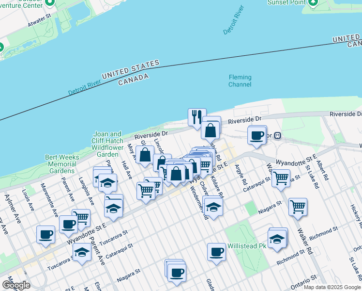 map of restaurants, bars, coffee shops, grocery stores, and more near 1700 Assumption Street in Windsor