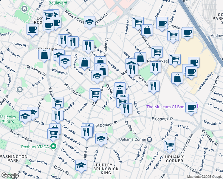 map of restaurants, bars, coffee shops, grocery stores, and more near 434 Dudley Street in Boston