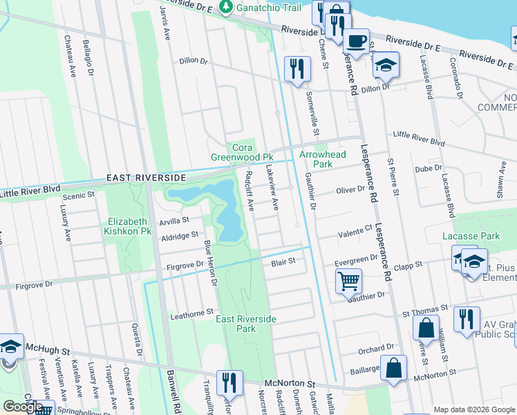 map of restaurants, bars, coffee shops, grocery stores, and more near 11870 Soloman Street in Windsor