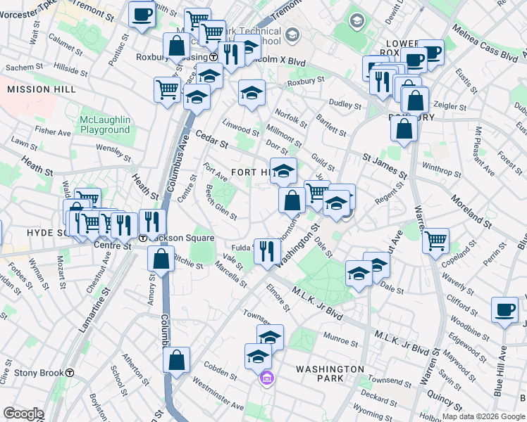 map of restaurants, bars, coffee shops, grocery stores, and more near 45 Hawthorne Street in Boston