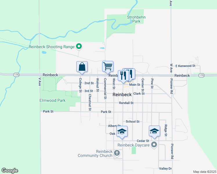 map of restaurants, bars, coffee shops, grocery stores, and more near 601-613 Clark St in Reinbeck