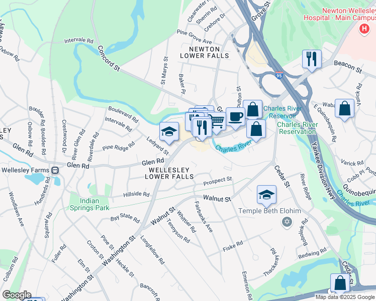 map of restaurants, bars, coffee shops, grocery stores, and more near 36 Washington Street in Wellesley