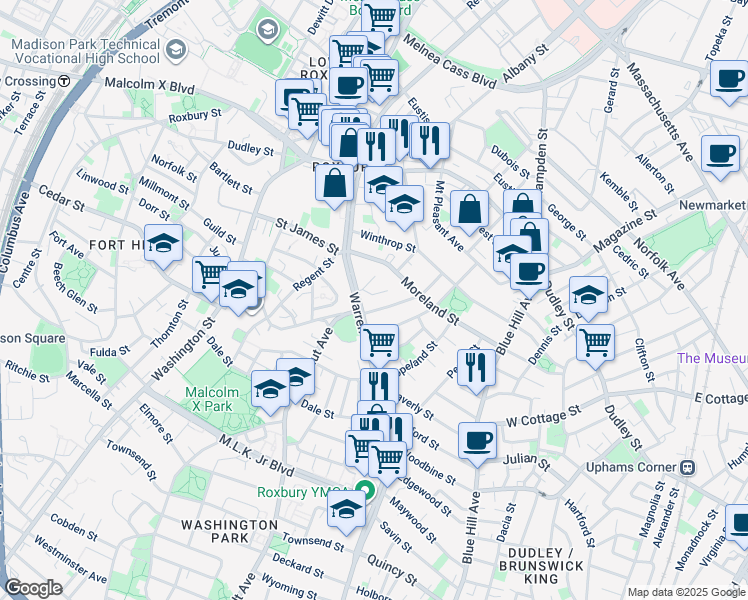 map of restaurants, bars, coffee shops, grocery stores, and more near 5 Rockville Park in Boston