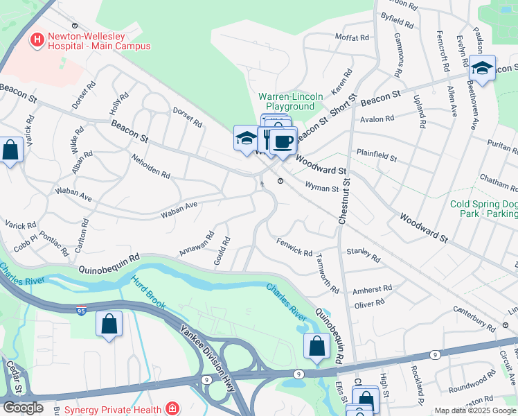 map of restaurants, bars, coffee shops, grocery stores, and more near 18 Annawan Road in Newton