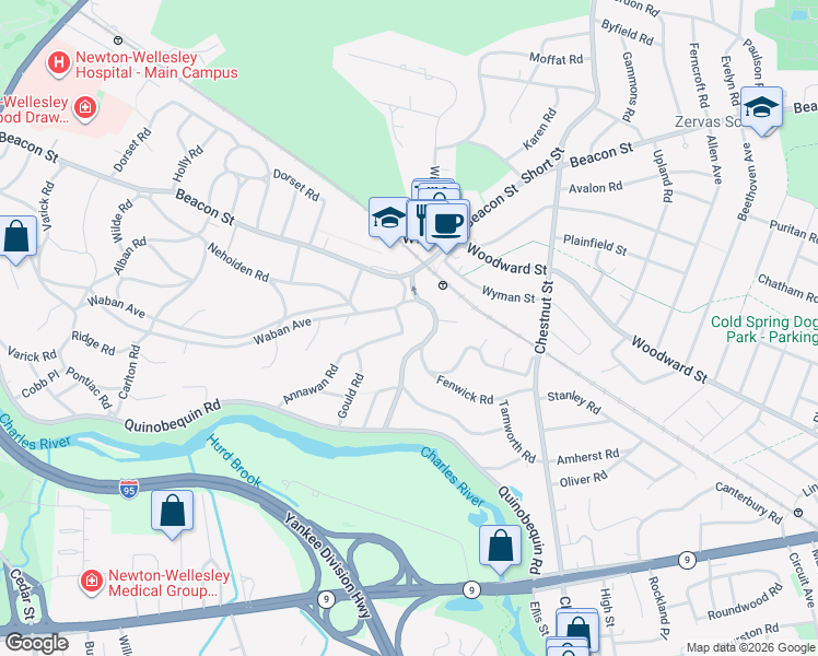 map of restaurants, bars, coffee shops, grocery stores, and more near 26 Annawan Road in Newton