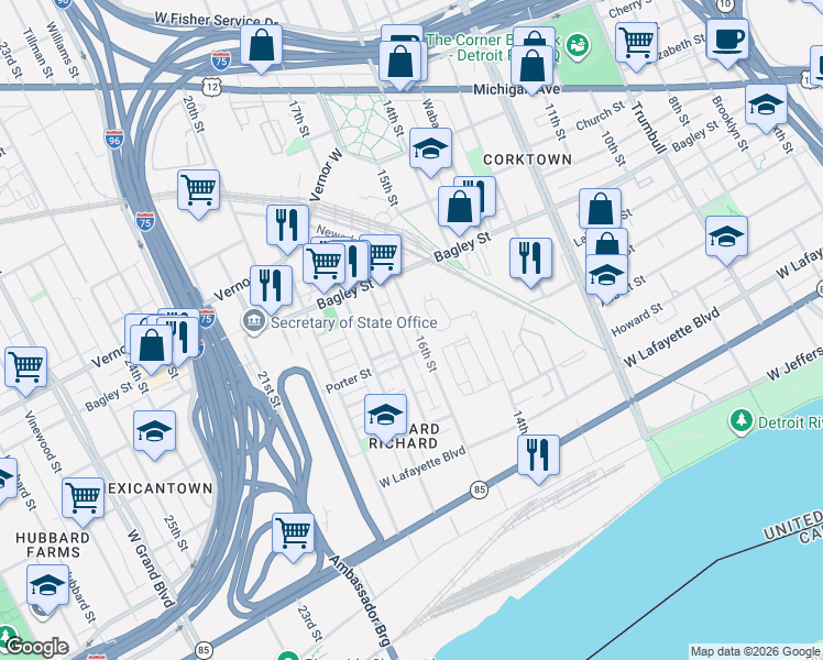 map of restaurants, bars, coffee shops, grocery stores, and more near in Detroit
