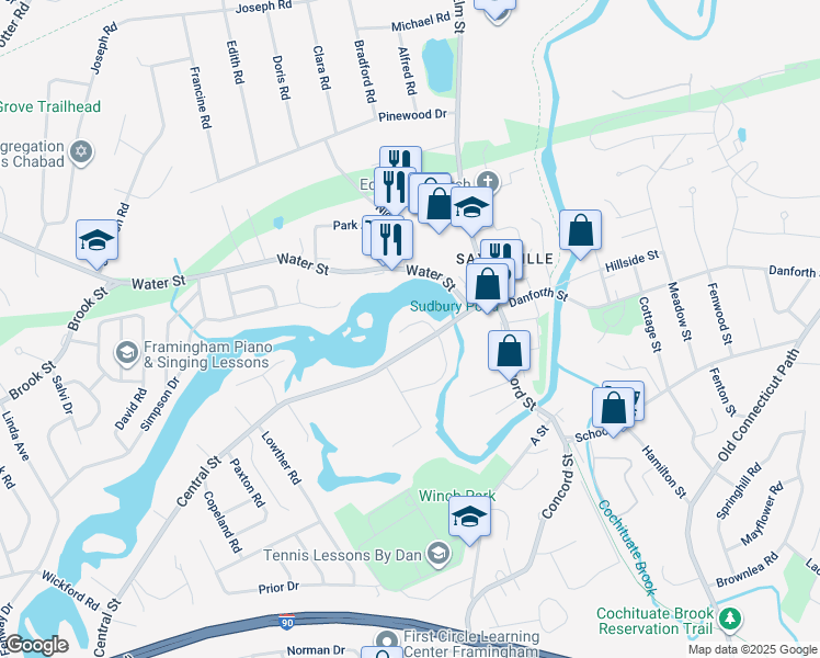 map of restaurants, bars, coffee shops, grocery stores, and more near 28 Centennial Place in Framingham