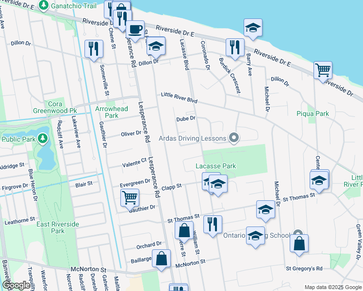 map of restaurants, bars, coffee shops, grocery stores, and more near 524 Oakpark Drive in Tecumseh