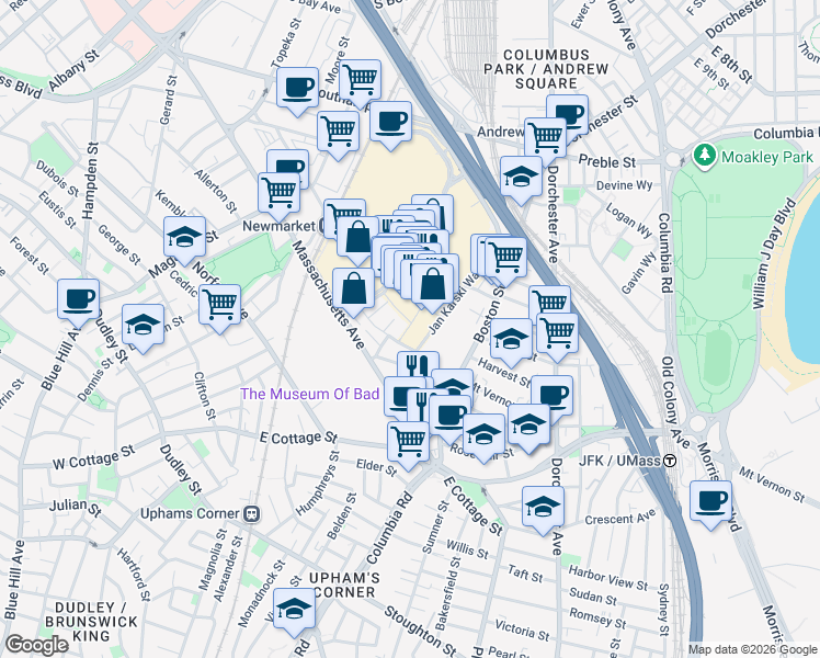 map of restaurants, bars, coffee shops, grocery stores, and more near 4 Lucy Street in Boston