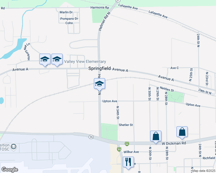 map of restaurants, bars, coffee shops, grocery stores, and more near 380 Helmer Road North in Springfield