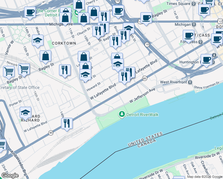 map of restaurants, bars, coffee shops, grocery stores, and more near 1636 West Fort Street in Detroit