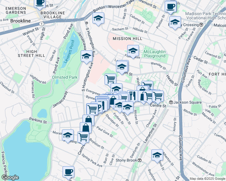 map of restaurants, bars, coffee shops, grocery stores, and more near 47A Creighton Street in Boston
