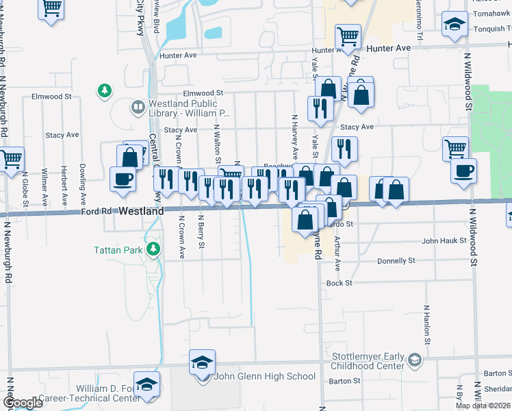 map of restaurants, bars, coffee shops, grocery stores, and more near 35655 Ford Road in Westland