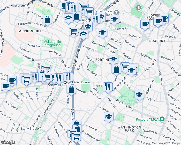 map of restaurants, bars, coffee shops, grocery stores, and more near 51 Beech Glen Street in Boston