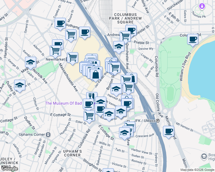 map of restaurants, bars, coffee shops, grocery stores, and more near 56 Dorset Street in Boston