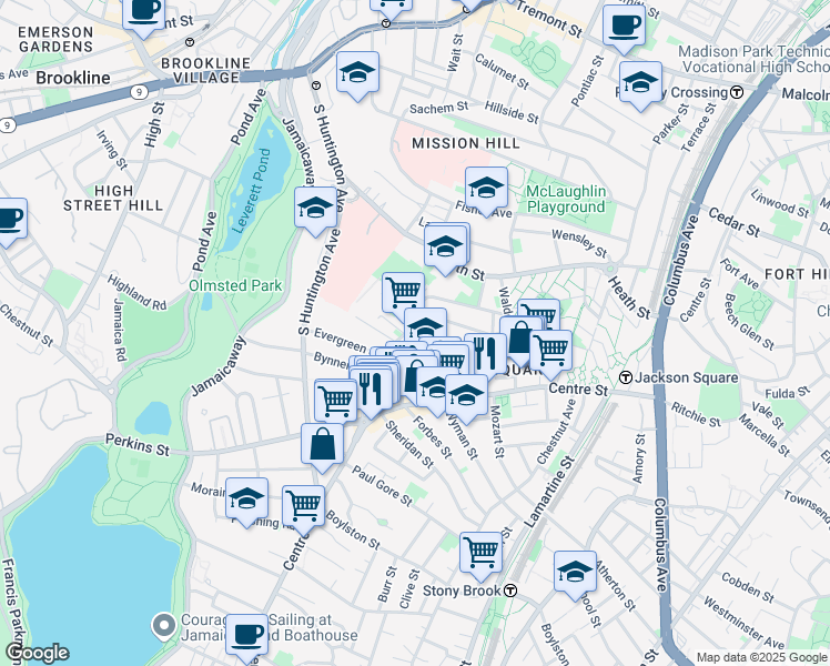 map of restaurants, bars, coffee shops, grocery stores, and more near 64-1/2 Day Street in Boston